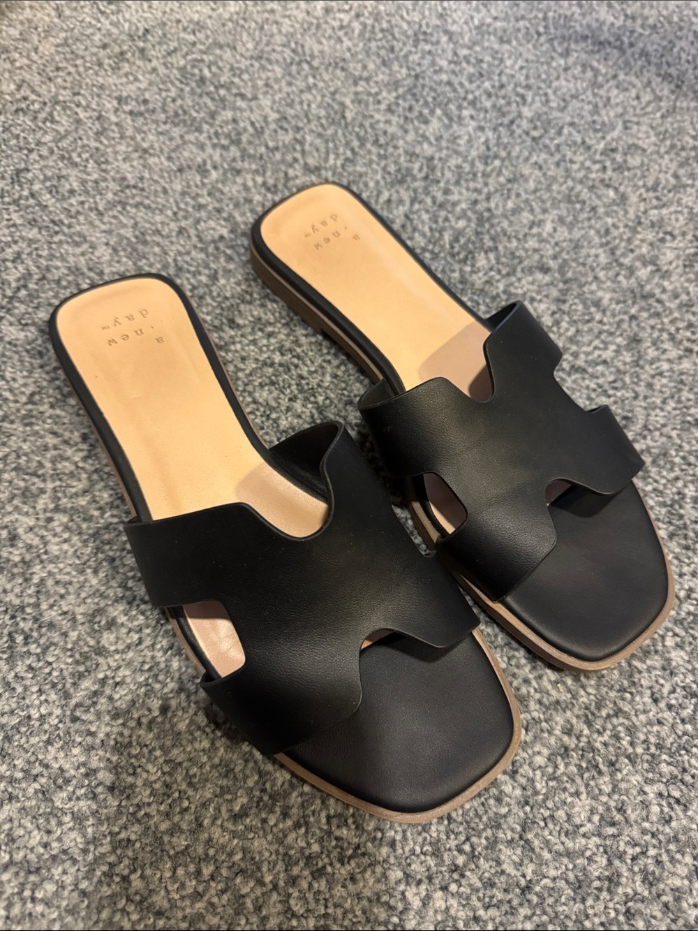 A New Day - Black Leather Slide Sandals